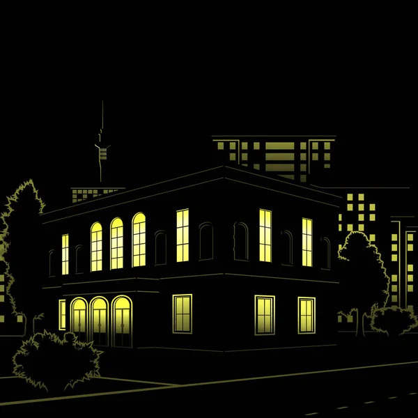 建筑物和街道在晚上在黑色背景上的剪影 — 图库矢量图片