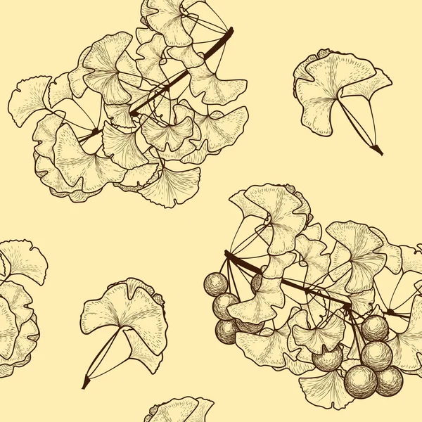 Seamless Pattern Sketch Ginkgo Biloba Tree Branch Fruits — Stock Vector