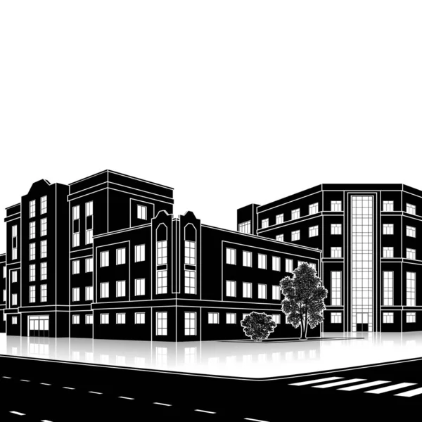 Immeuble de bureaux silhouette avec entrée et réflexion — Image vectorielle