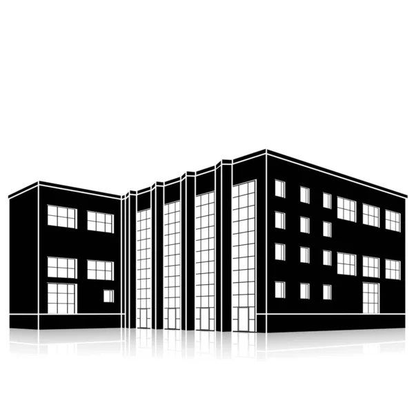 Edificio Uffici Silhouette Con Ingresso Riflessione Sfondo Bianco — Vettoriale Stock