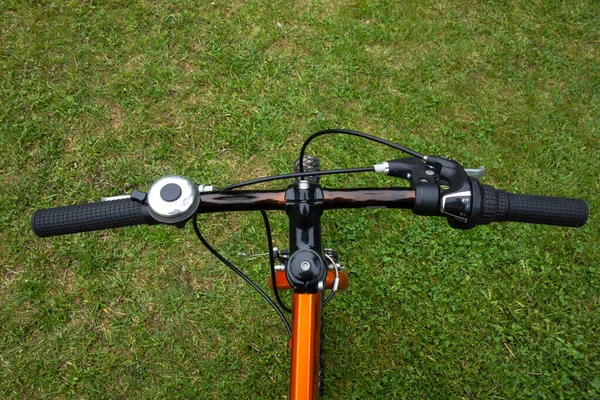 Children Bicycle View Steering Wheel Green Grass — Stock Photo, Image