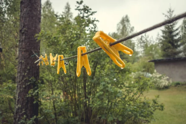 Calças Amarelas Penduradas Uma Corda Jardim Verão — Fotografia de Stock