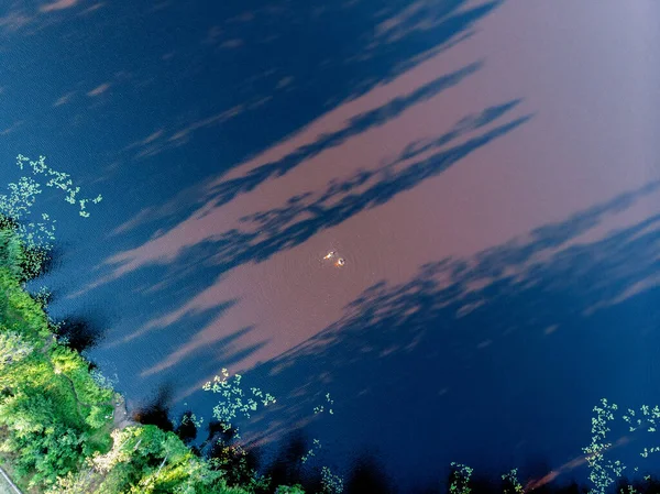 Люди Плывут Торфяному Озеру Лесу Тень Деревьев Падает Сбоку Вид — стоковое фото