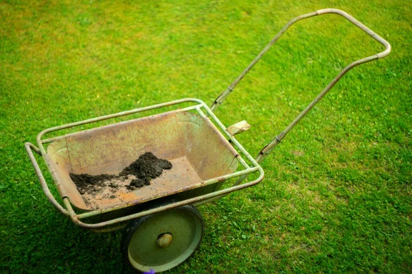 Vecchio Carrello Giardino Metallo Sull Erba Verde Nel Giardino Posto — Foto Stock