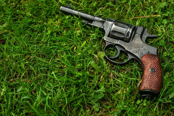 Revolver Nagan System Wooden Plates Handle Lies Green Grass Weapons — Stock Photo, Image