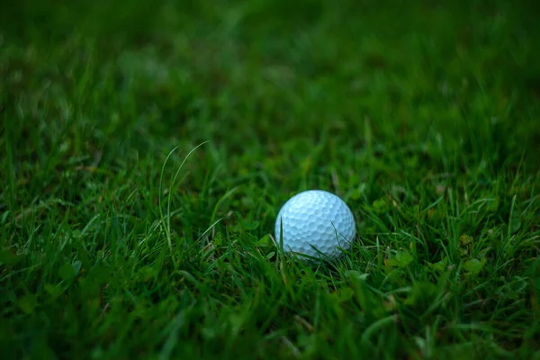 A white Golf ball on a green lawn, a place for text