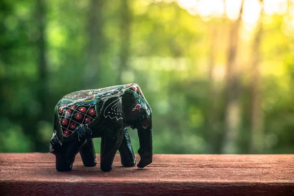 Black Elephant Figurine Made Wood Blurry Background — Stock Photo, Image