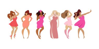 Grup izole beyaz arka plan, yaşam tarzı insanlar kavramı, vücut olumlu parlak dressesr poz mutlu çok ulus kadınların