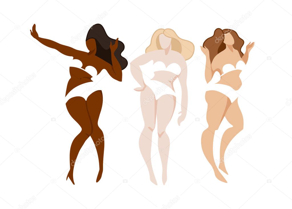 Group of happy multi nation women in white underwear posing isolated on white background, lifestyle people concept,  body positive