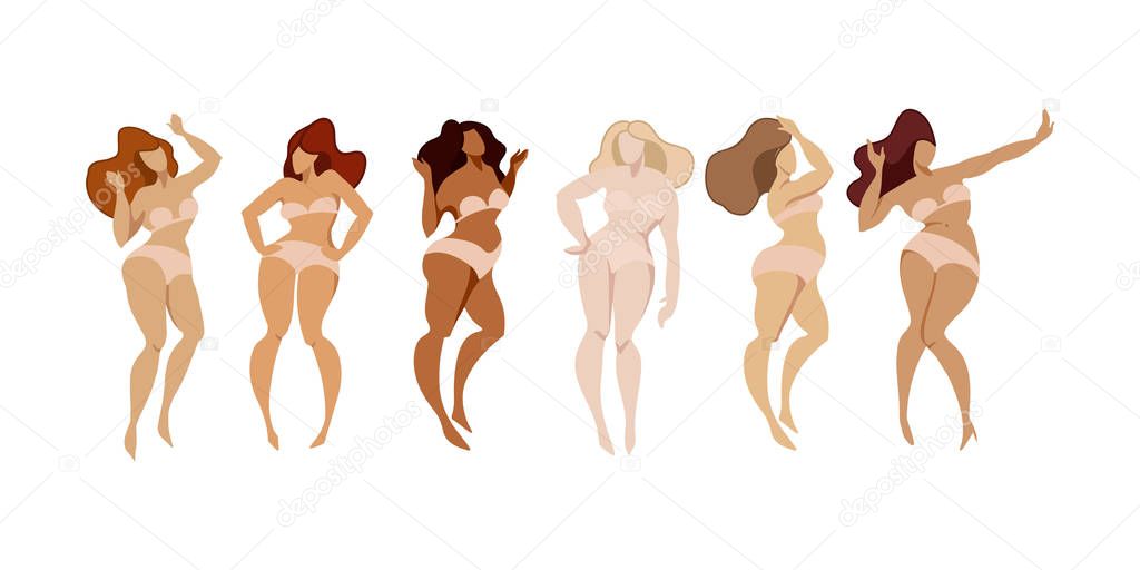 Group of happy multi nation women in underwear posing isolated on white background, lifestyle people concept,  body positive