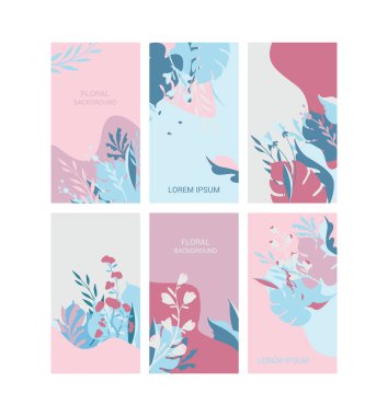 Vektör çiçek seti. Tasarım posterleri için parlak şablon, kapak tasarım şablonları, yaz yaprakları ve çiçekleri ile sosyal medya hikayeleri duvar kağıtları