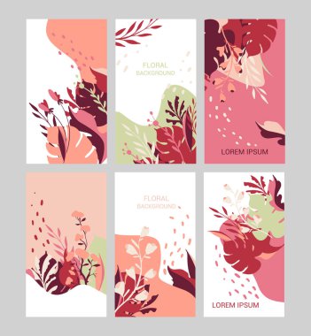 Reklam için çiçek sayfaları ayarlayın. Güzellik, spa, kozmetik, vücut bakımı için çiçek ve yaprakları ile Arka planlar.