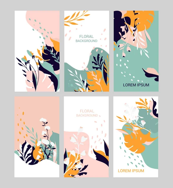 Modern Virágos Háttérrel Rendelkező Díszkészlet Bannerek Plakátok Borító Tervezősablonok Levelekkel — Stock Vector