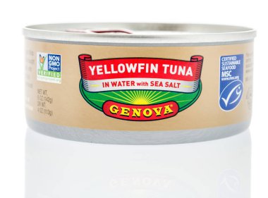 Winneconne, Wi - 28 Nisan 2018: A su deniz sarı yüzgeçli orkinos tuz Genova tarafından izole bir arka plan üzerinde.