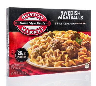 Winneconne, Wi - 17 Haziran 2018: Boston Market homestyle yemek İsveç köftesi izole bir arka plan üzerine bir kutu.