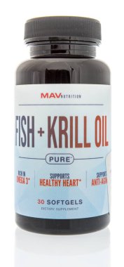 Winneconne, Wi - 7 Eylül 2018: Mavnutrition balık ve krill yağı ek izole bir arka plan üzerine bir şişe