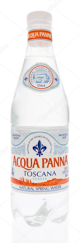Winneconne, WI - 21 September 2018: A bottle of Acqua Panna natural spring water from Italy on an isolated background