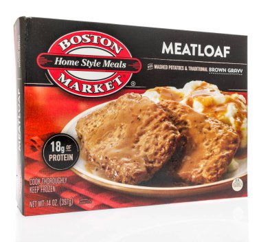 Winneconne, Wi - 29 Eylül 2018: Boston Market ev tarzı yemekler köfte biftek izole bir arka plan üzerine bir kutu
