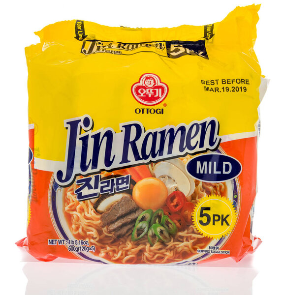 Winneconne, WI - 7 October 2018: A package of Ottogi Jin Ramen noodles on an isolated background
