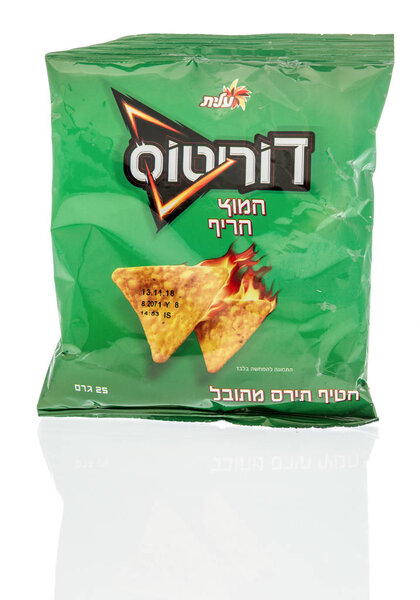 Winneconne, WI - 14 October 2018: A package of Doritos sour and spicey flavor from Israel on an isolated background