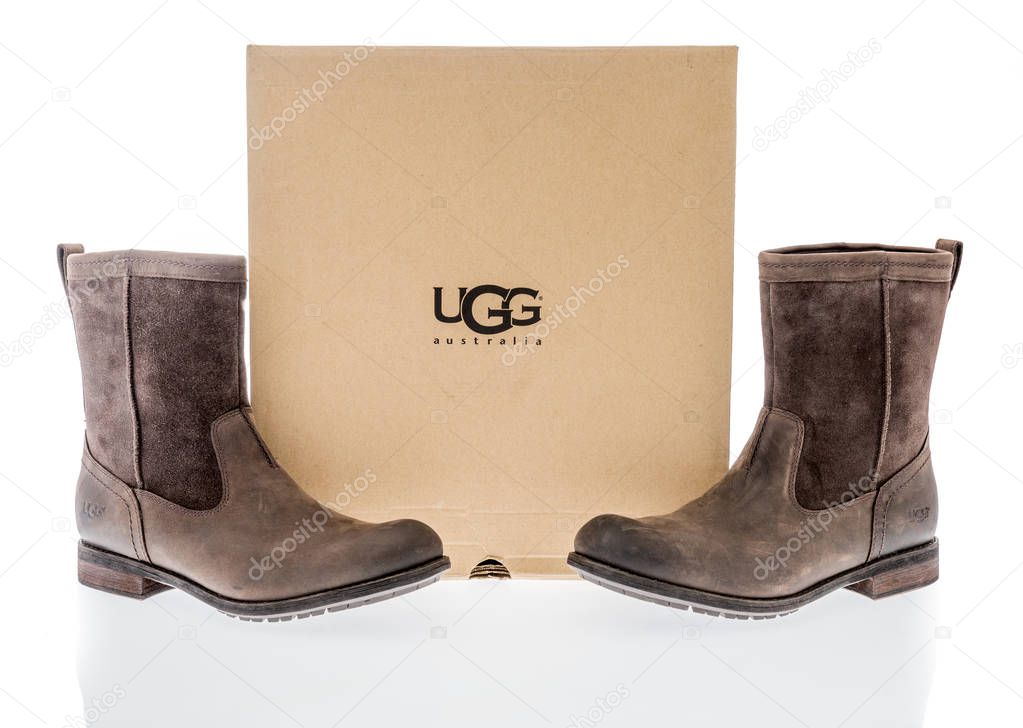 Winneconne, WI - 3 December 2018: A Pair of Ugg winter boots from Australia on an isolated background.