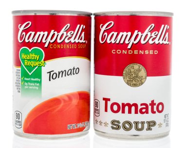 Winneconne, WI - 2 Feb 2019: A can of Campbells healthy request and original soup in tomato on an isolated background clipart