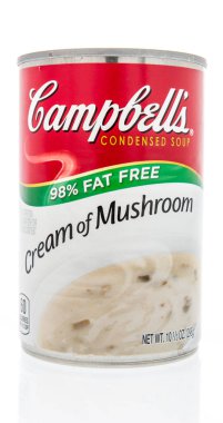 Winneconne, WI - 2 Feb 2019: A can of Campbells soup in cream of mushroom fat free on an isolated background clipart
