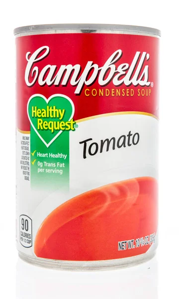 Winneconne 2019年2月2日 一罐坎贝尔健康请求汤在番茄在一个独立的背景 — 图库照片
