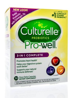 Winneconne, Wi - 14 Şubat 2019: Culturelle probiyotikler yanlısı iyi izole bir arka plan üzerinde ek bir paket