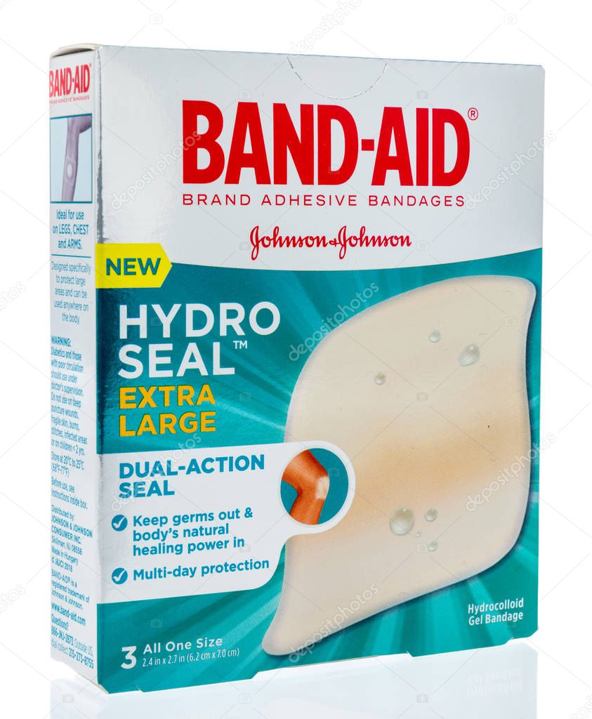 Winneconne, WI - 26 March 2019: A package of  Band-aid brand adhesive bandages hydro seal on an isolated background