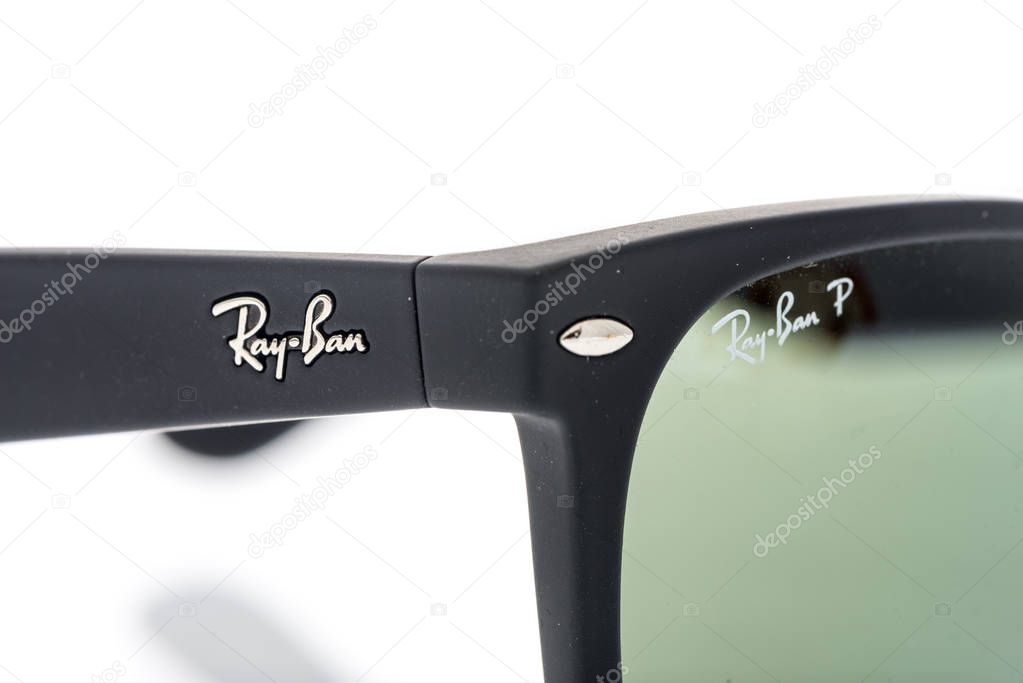 Winneconne, WI - 28 August 2019 : A close-up of Ray Ban sunglasses by luxottica on an isolated background