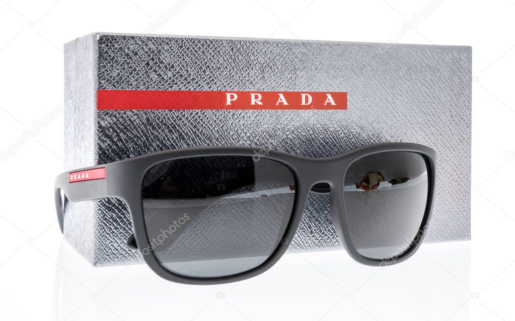 Wnneconne, WI - 4 September 2019:  A pair of Prada Linea Rossa polarized sunglasses on an isolated background.