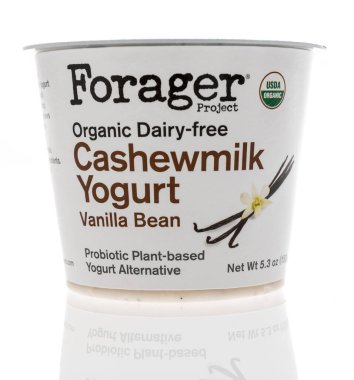 Winneconne, WI - 16 Ekim 2020: İzole edilmiş bir arka planda organik sütsüz kaju sütlü yoğurt paketi.