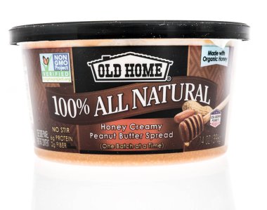 Winneconne, WI - 16 Ekim 2020: İzole edilmiş arka planda bir paket Eski Ev Balı Kremalı Fıstık Ezmesi.