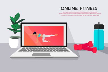 Çevrimiçi fitness vektör çizimi. Spor aktivitelerinde aktif kadın karakterler.