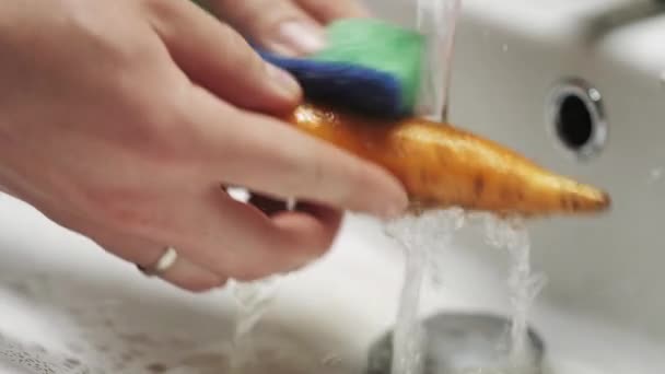 Κοντινό πλάνο καθώς τα χέρια πλένουν τα καρότα κάτω από τρεχούμενο νερό. — Αρχείο Βίντεο