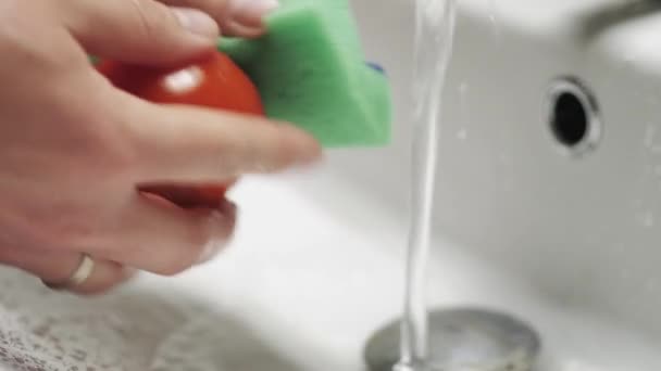 Händer som tvättar tomater under rinnande vatten i den vita diskhon. — Stockvideo
