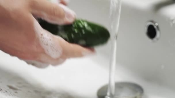 Lavar a mano el pepino bajo agua corriente. Alimentación saludable . — Vídeos de Stock