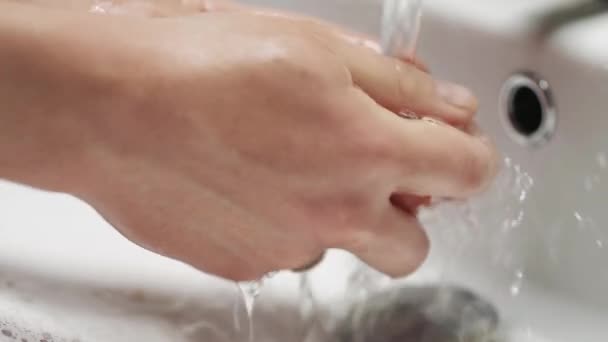 Lavage des tomates mains sous l'eau courante dans l'évier blanc . — Video