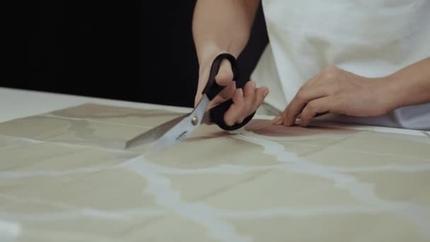 La costurera corta un gran trozo de tela con tijeras en la mesa de cortar . — Vídeos de Stock
