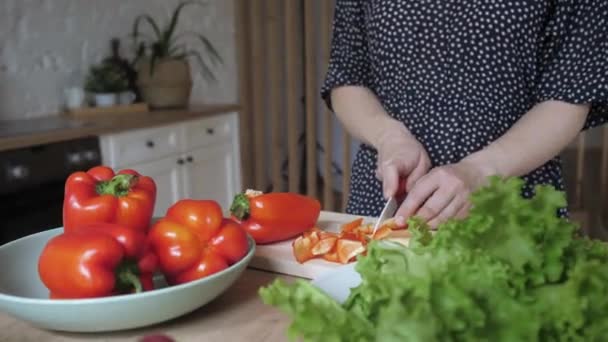 Schöne junge Hausfrau hält Messer schneidet Pfeffer Salat Kochen Gemüsegericht. — Stockvideo