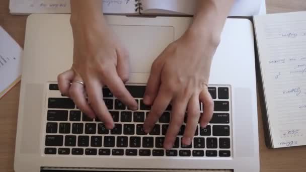 Vista superior de una mesa como manos femeninas escribiendo en un portátil. — Vídeo de stock