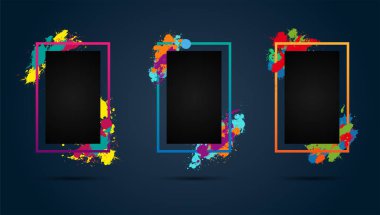 Çok renkli sıçramaları - tasarımınız için modern grafik arka planlar ile üç boş çerçeve kümesi. Vektör çizim.