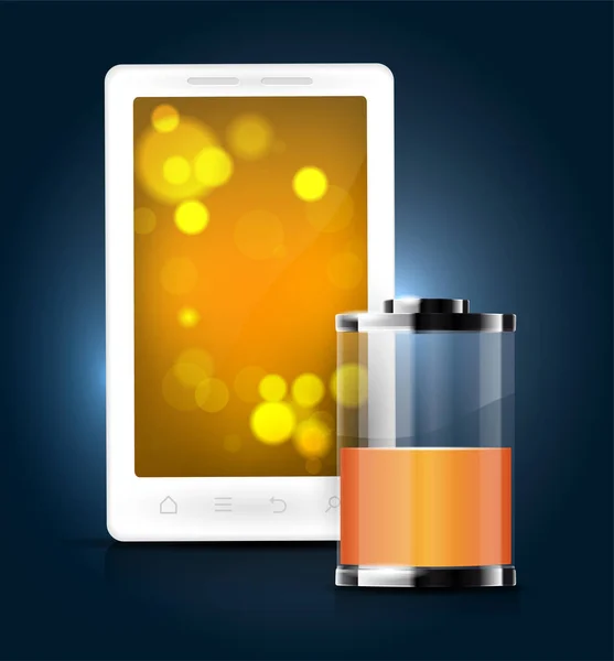 オレンジ色の壁紙と半充電されたバッテリーのシンボル ベクター グラフィック抽象的な携帯電話 — ストックベクタ