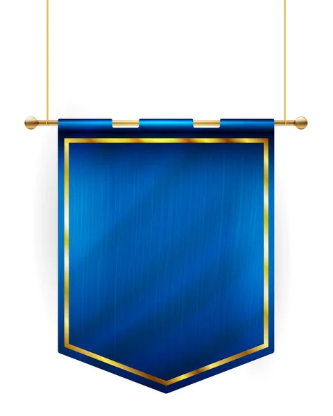 中世纪风格的蓝色旗帜挂在金色的极点 孤立的白色背景 矢量插图 — 图库矢量图片