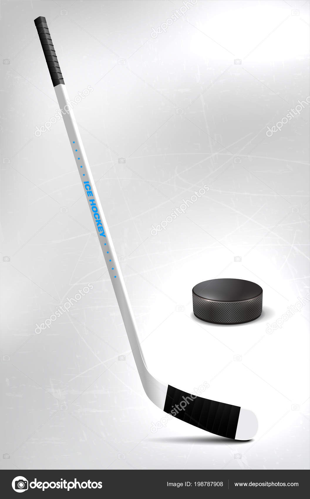 Ice Hockey Stick And Puck On Ice Stock Photo, Picture and Royalty