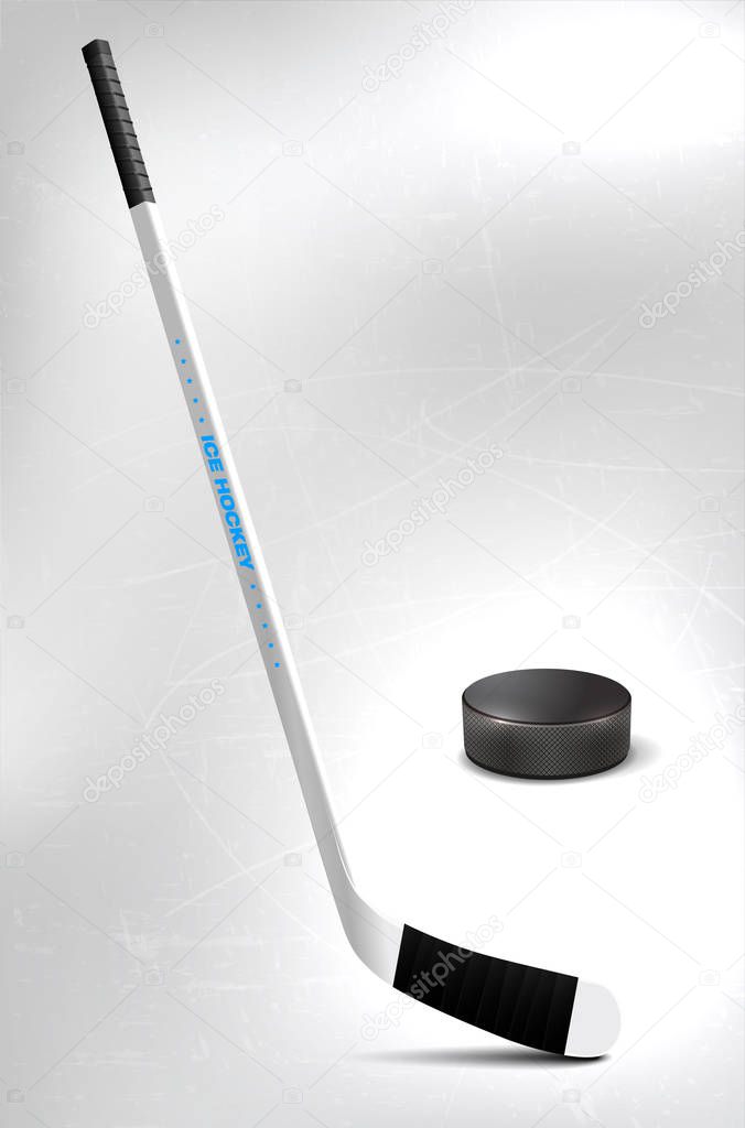 Ice hockey stick and puck on scratchy ice - copy space for your text. Vector illustration.