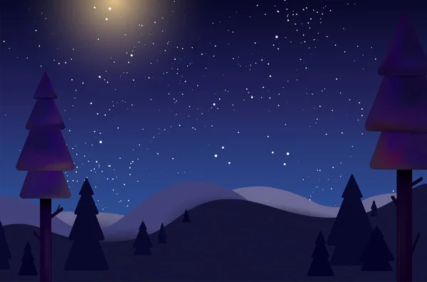 Abstract Night Landscape Forest Starry Night Sky Moonlight Vector Illustration — Stock Vector