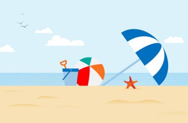 Stilize soyut deniz Beach plaj şemsiyesi, balon, kova ve denizyıldızı beyaz bulutlar ve - vektör çizim ile mavi gökyüzü altında çizim