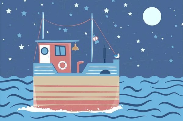 Stilize Soyut Geminin Denizde Altında Gece Gökyüzü Vektör Çizim Çizim — Stok Vektör